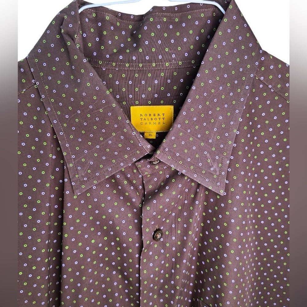 Robert Talbott Men’s Brown Shirt 👔 with Purple and Green Polka Dots